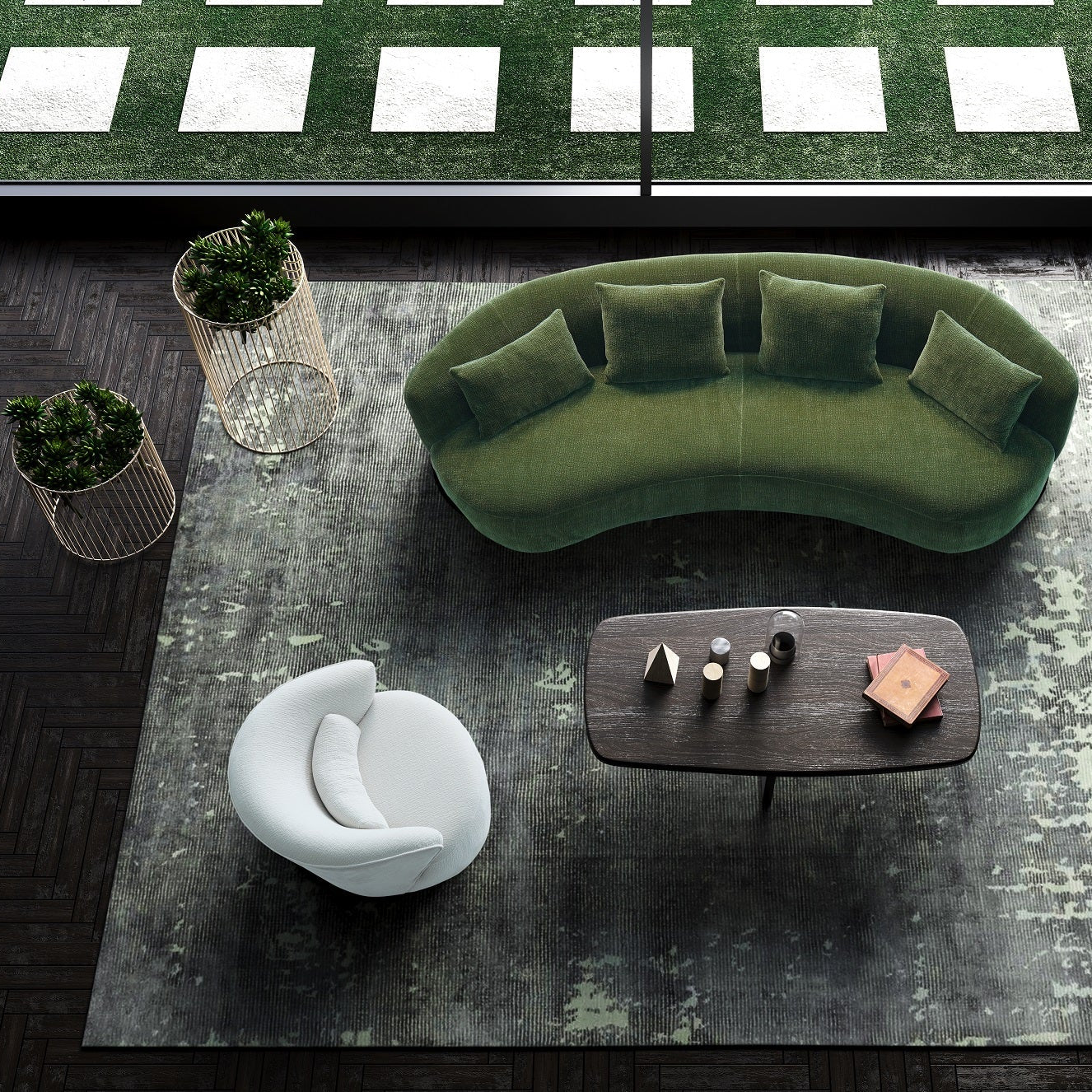 Modern green sofa with a white chair and coffee table on a textured floor.