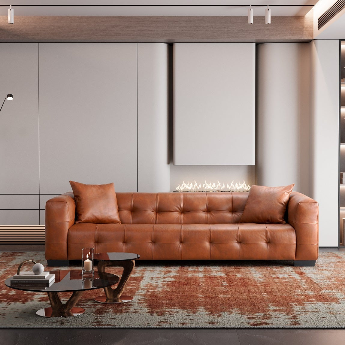Modern living room with a brown leather sofa, coffee table, and decorative elements.